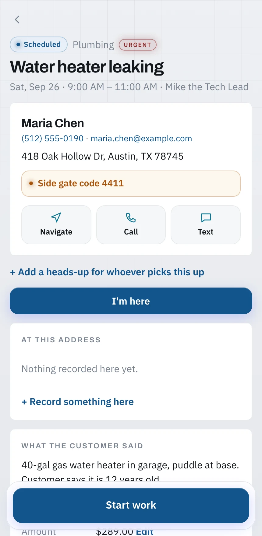 The job on a technician&rsquo;s phone, with the history and the access notes